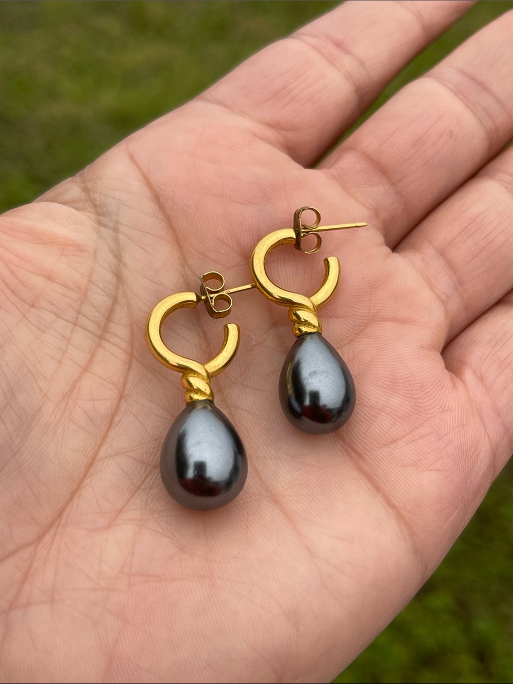 14K Gold/stud Hoop Earrings with Black Teardrop Pearls - Elegant Women’s Jewelry